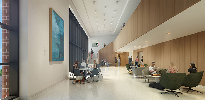 Rendering: Digital rendering showing students seated in gathering areas of the Charles Atrium in the Billman Music Pavilion.