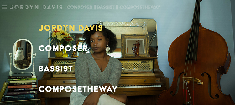 A screen shot of Jordyn Davis' home page. She is seated on a piano bench with a piano behind her and her upright bass on the right.