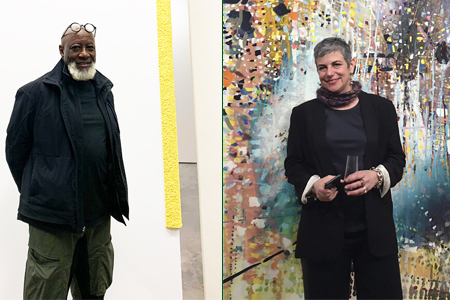 Composite of two images: African-American artist Clarence Morgan poses in front of a white wall (left), and Jackie Soccoccio stands in front of one of her colorful abstract paintings (right).