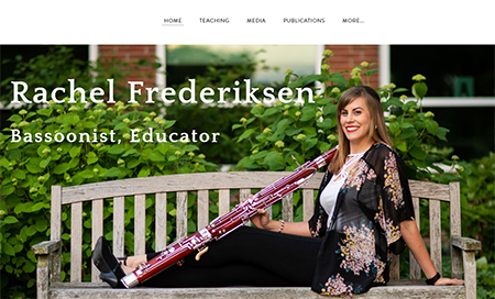 Screen shots of the home pages of Bell Coty, standing behind her harp, and Rachel Frederiksen, seated on a bench with her bassoon.