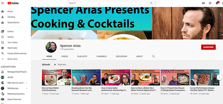 A screen shot of the YouTube page of Spencer Arias. A photo of him is in the upper right corner with tabs to all his videos across the screen.