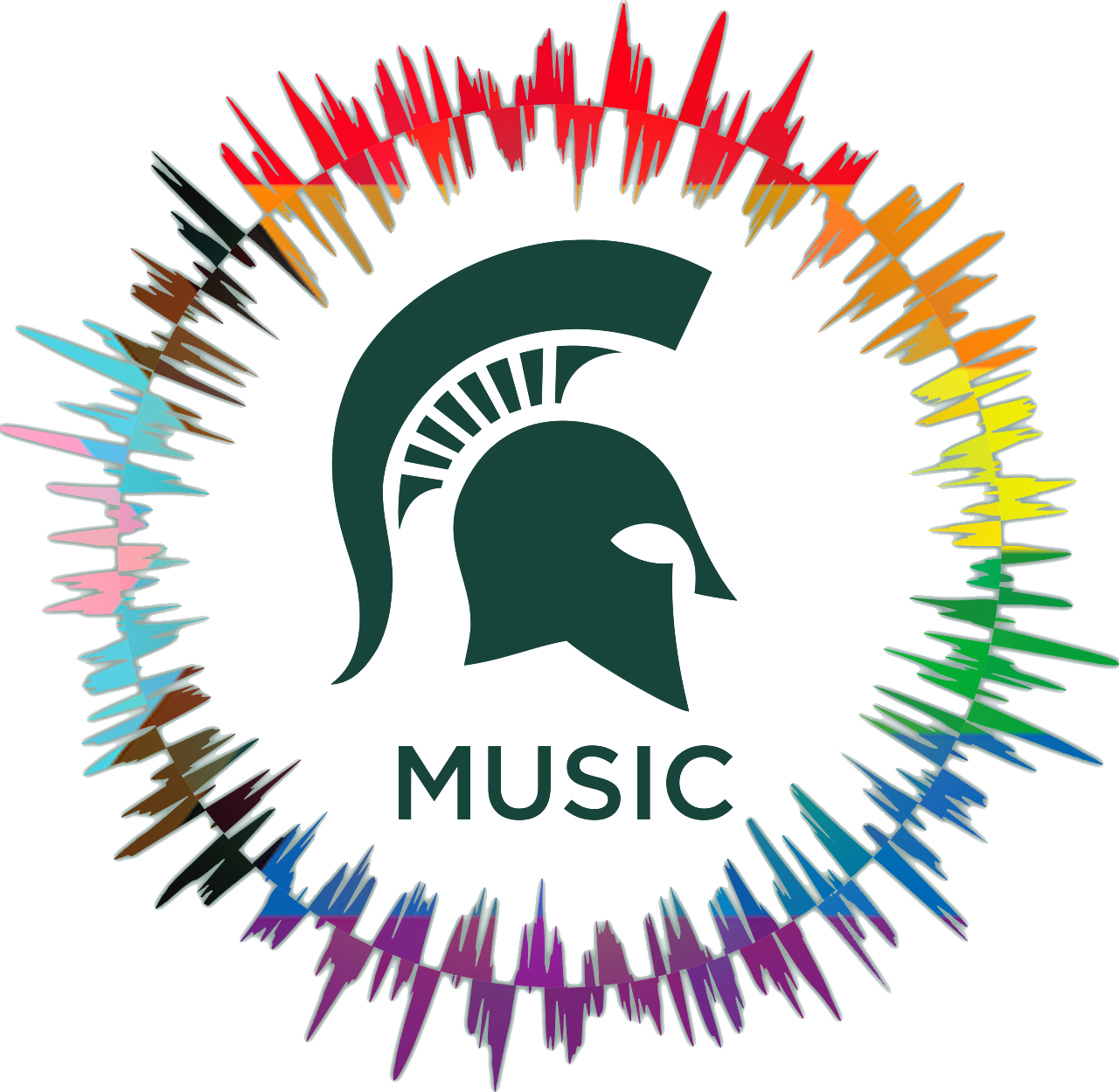 Spartan helmet in green with word Music below it, encircled by a soundwave in rainbow colors