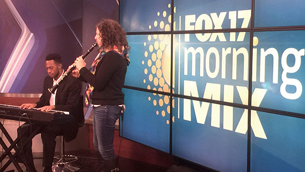 Anat Cohen with College of Music Jazz Studies student Gerand McDowell on WXMI 17 in Grand Rapid. image