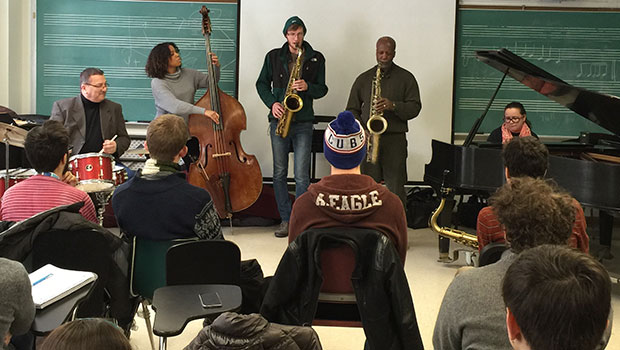 Tim Froncek and Vincent Bowens work with MSU Jazz Studies students at a master class during their residency. image