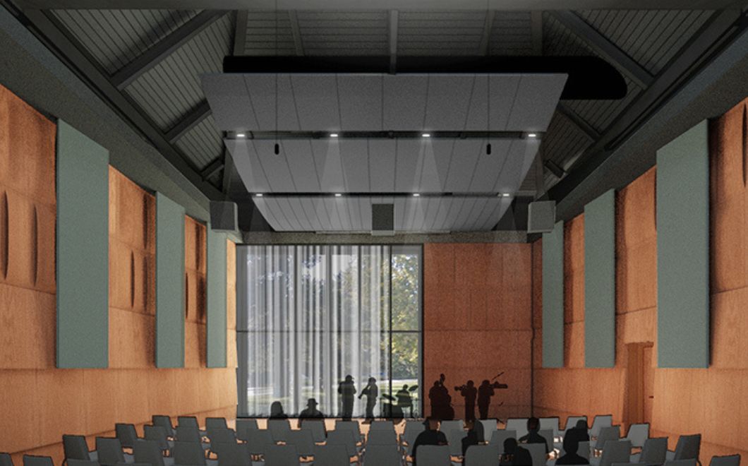 Murray Hall for the principal use of jazz in the new pavilion is named in recognition of the major gift from Craig and Lisa Murray. The view in this rendering is from the J. P. Maguire Gallery, named in thanks for the contribution from Joe Maguire.