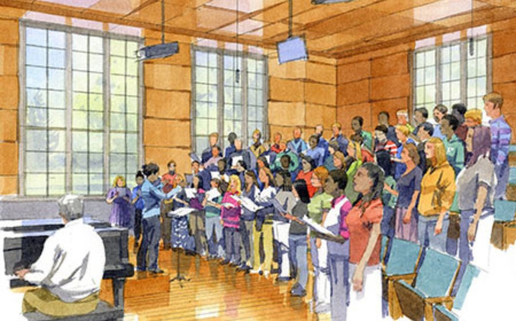 Conceptual rendering of the vocal arts rehearsal and student recital hall.