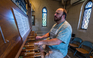 carillonist Jon Lehrer performing on MSU's carillon