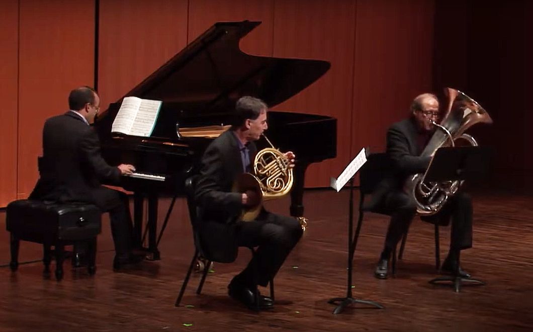 Philip Sinder (right) has taught tuba and euphonium at MSU for 44 years. Now, he and his wife, Carolyn, have matched the funds given to MSU by fellow tuba performer and teacher Jim Self, who donated to MSU to create an endowed scholarship in Sinder's honor.