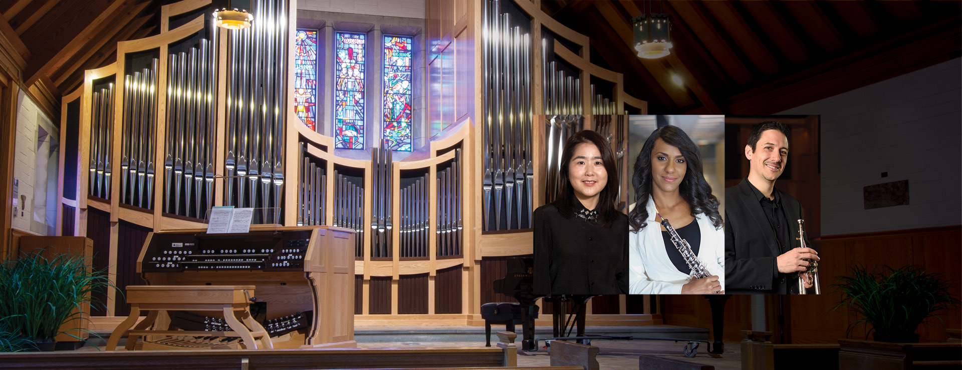 Background image, interior of alumni memorial chapel with organ and stained glass, inset image, grouping of instrumentalists, portraits, smiling and looking at camera, organist, oboist, trumpeter
