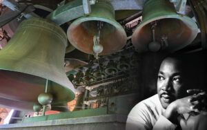 Close up of carillon bells. Picture of MLK in bottom right corner.