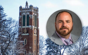 MSU Beaumont tower. Headshot of Jon Lehrer in a circle on the right side