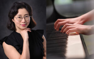 A headshot of Young Hyun Cho on the left. A close up of 2 hands playing piano on the right.