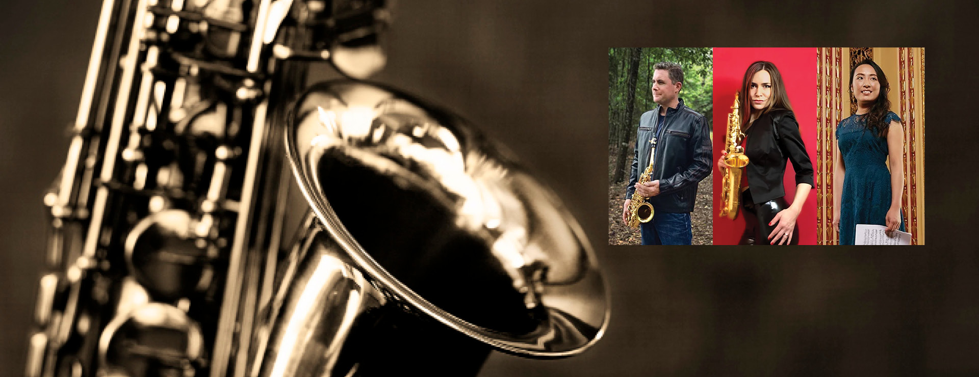 A close up image of a saxophone. Top right corner features the Covert Ensemble members.