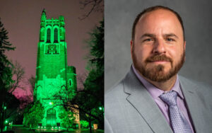 Image of MSU's Beaumont Tower, illuminated green on left. Headshot of Jonathan Lehrer on right.