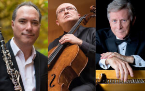 “From Vienna with Love”. Headshots of Guy Yehuda (clarinet), Suren Bagratuni (cello), and Ralph Votapek (piano).