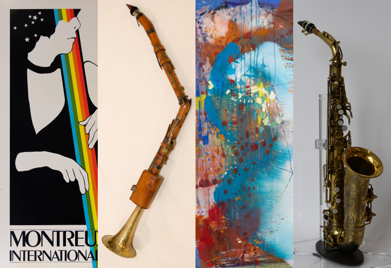 composite of four photos, from left, jazz poster, horn, colorful artwork, saxophone.