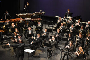 Bird's eye view of students playing in the MSU Wind Symphony