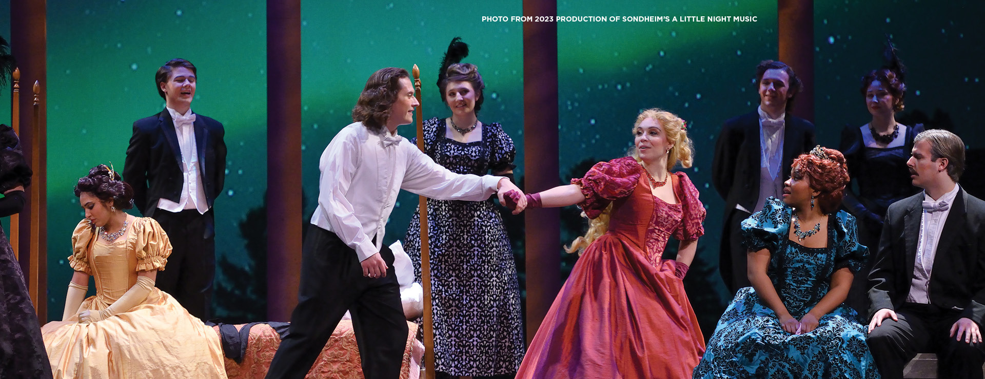 Rossini’s La Cenerentola. This image features MSU Opera Voice students in costume, performing on stage.