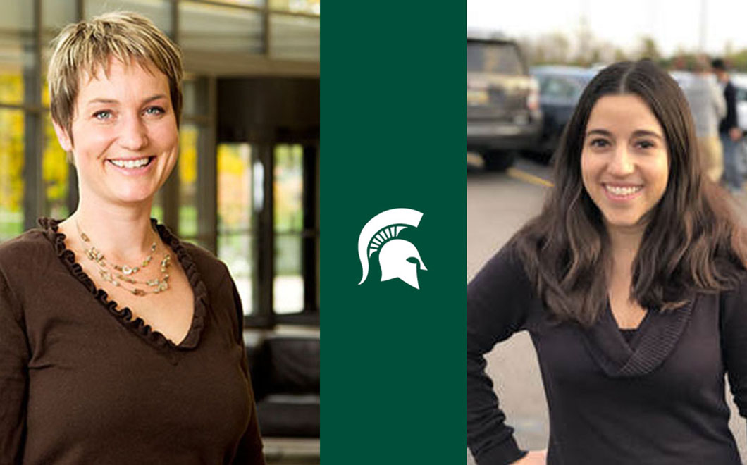 photo of MSU faculty member and alumni with green MSU logo running down the middle