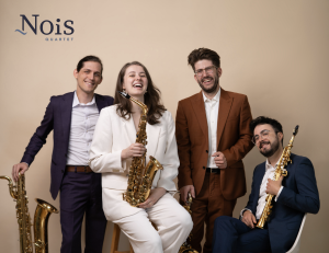 Group photo of Nois Quartet. Each member is holding their instrument.