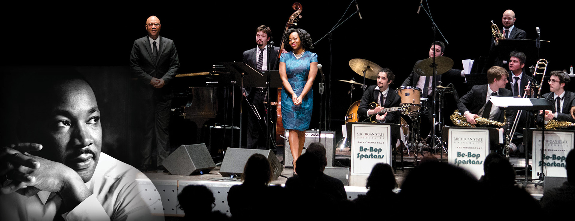 MLK Concert showing guest artists and students on stage. Picture of MLK in bottom left corner.