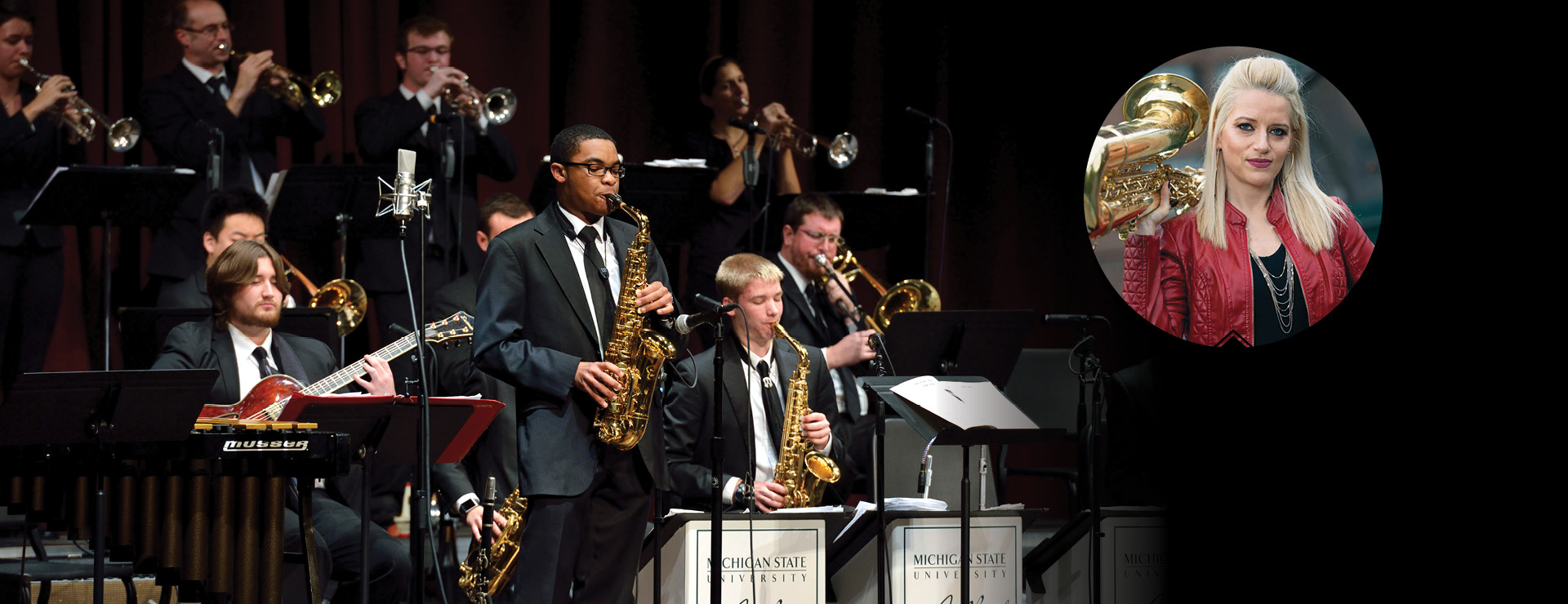 Jazz Spectacular Finale Concert. Image features MSU jazz students performing on stage. Saxophone soloist. Circle in top right features a headshot of Lauren Sevian with her saxophone.