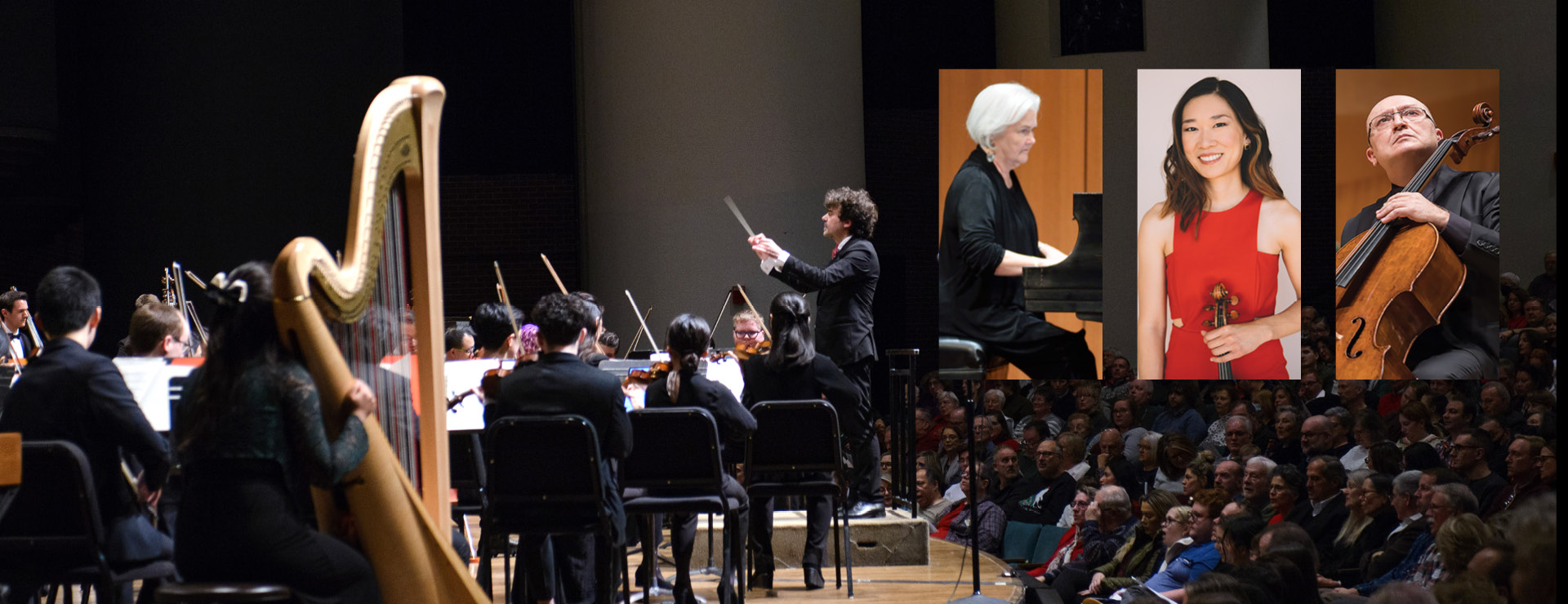 Octavio Más-Arocas conducts MSU Symphony Orchestra with instrumentalists performing. Small inset photos to the upper right with solo musicians piano, violin and cello