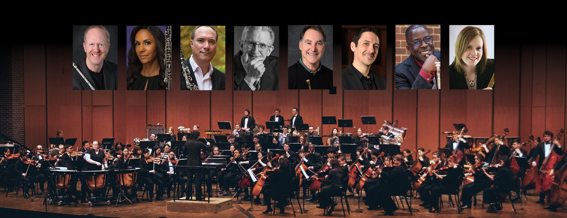 full ensemble of symphony orchestra members performing on stage, conductor directing the music. Inset photos placed above the ensemble show eight soloist musician portraits