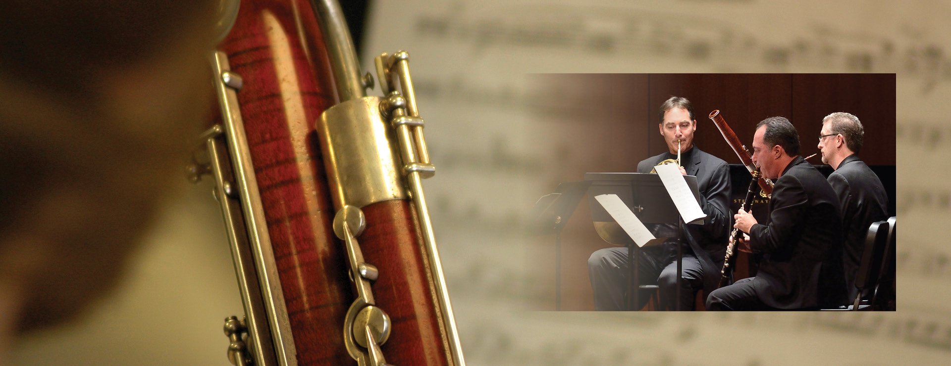 Whirlwinds main image shows closeup of bassoon instrument and closeup inset photo of other musicians performing clarinet and horn