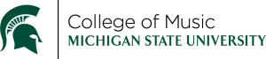 Green Spartan helmet logo on left; next to it is a vertical thin line the same height as the helmet; two lines of text, first line in black type is College of Music, second line in green type is Michigan State University