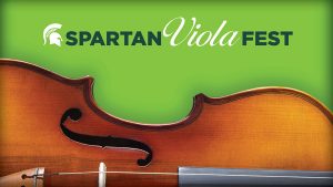 Banner graphic with the type Spartan Viola Fest with Spartan Helmet off to the left. Outline shape of a viola on a bright green background