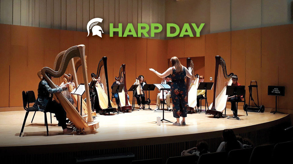 Spartan Helmet with words "Harp Day" overlaying image of nine harpists performing with a conductor in front, arms raised to direct music