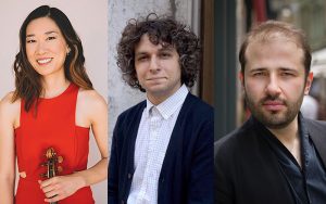 Photo grouping of portraits include violinist Yvonne Lam, formal red dress attire, smiling and looking at camera; harpsichordist Nicola Canzano, wearing a sport coat, smiling and looking at camera; and pianist Stanislav Khristenko, wearing a dark button down shirt, looking at camera with a subdued expression.