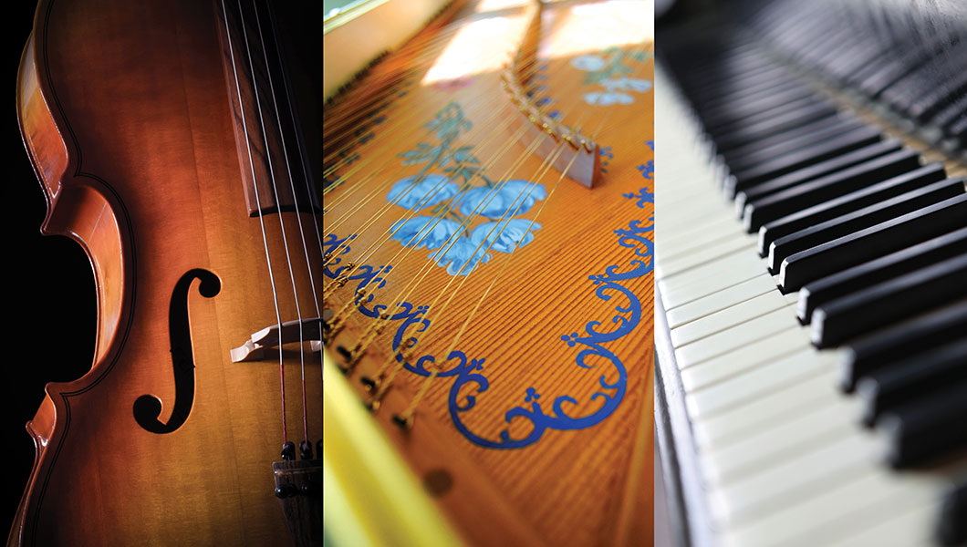 Grouping of three instruments narrowly cropped vertically; Violin dramatically lit, close up view inside harpsichord showing strings, and closeup of piano keys