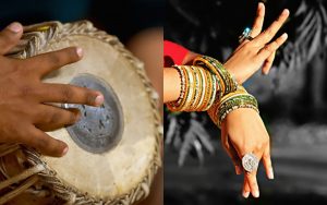 Close up of a hand playing the tabla instrument next to a close up image of an dancers hands moving expressively and adorn with east asian jewelry