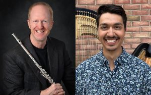 side by side photo portraits of artist Rick Sherman, smiling looking and camera and fomerly dressed. Juan Riveros, harp, smiling, looking at camera with harps and a brick wall in the background