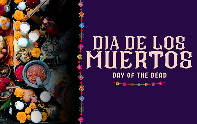 Decorative type with "day of the dead" art elements, Dia De Los Muertos, inset image of ethnic food.