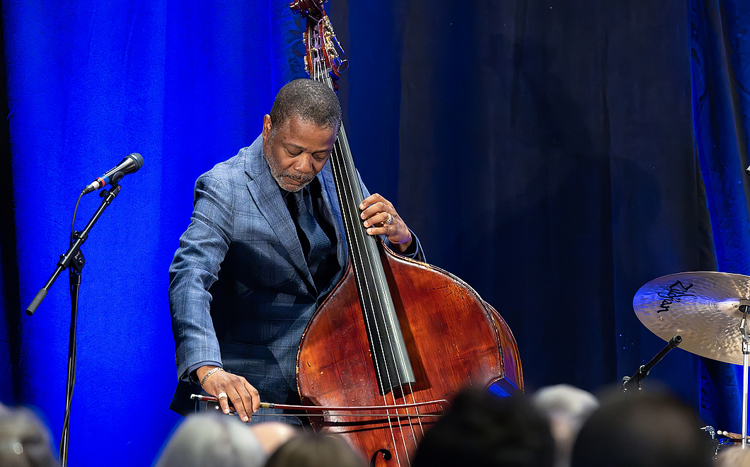 Upright bassist performing with a bow, blue curtain backdrop, heads of audience in the foreground.