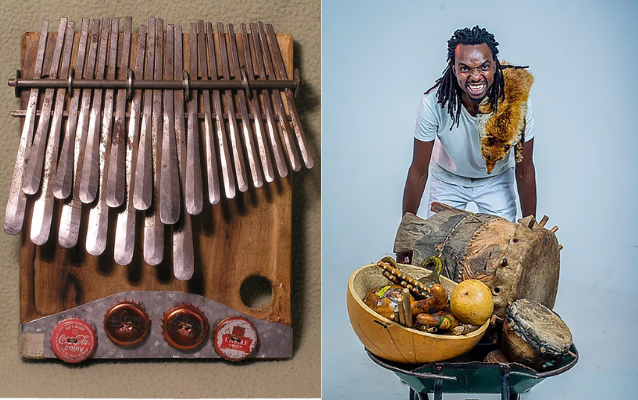 Left: mbira (wood, metal, bottle caps) Right: Othnell Mangoma Moyo pushes a wheelbarrow of indigenous instruments towards the camera