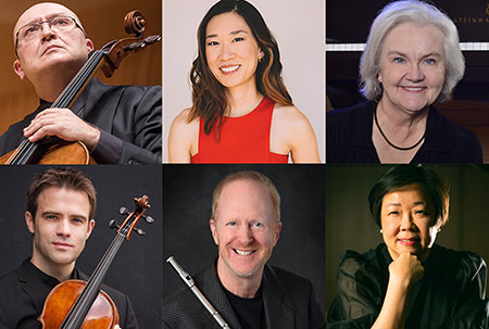 Collage of six MSU faculty headshots. Musicians smiling at camera and holding instruments.