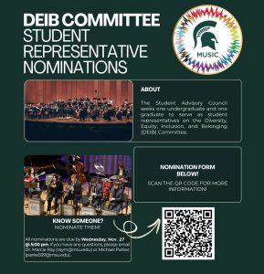 DEIB Committee Student Representative Nominations flyer with QR code linking to nomination form.