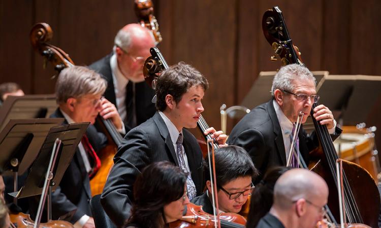 A group of orchestra musicians perform. Centered is a younger bassist.