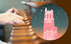 Hands performing on Carillon paddles, inset images is stylized illustration of Beamont tower with stars in the background