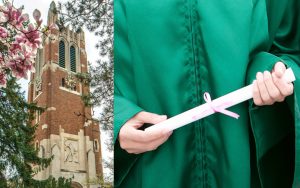 dual image: Beamont Tower in the spring time and close up of graduate holding rolled up diploma