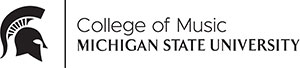MSU College of Music black and white Logo with Sparty Helmet