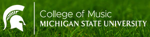 MSU College of Music white Logo with Sparty Helmet on grass background