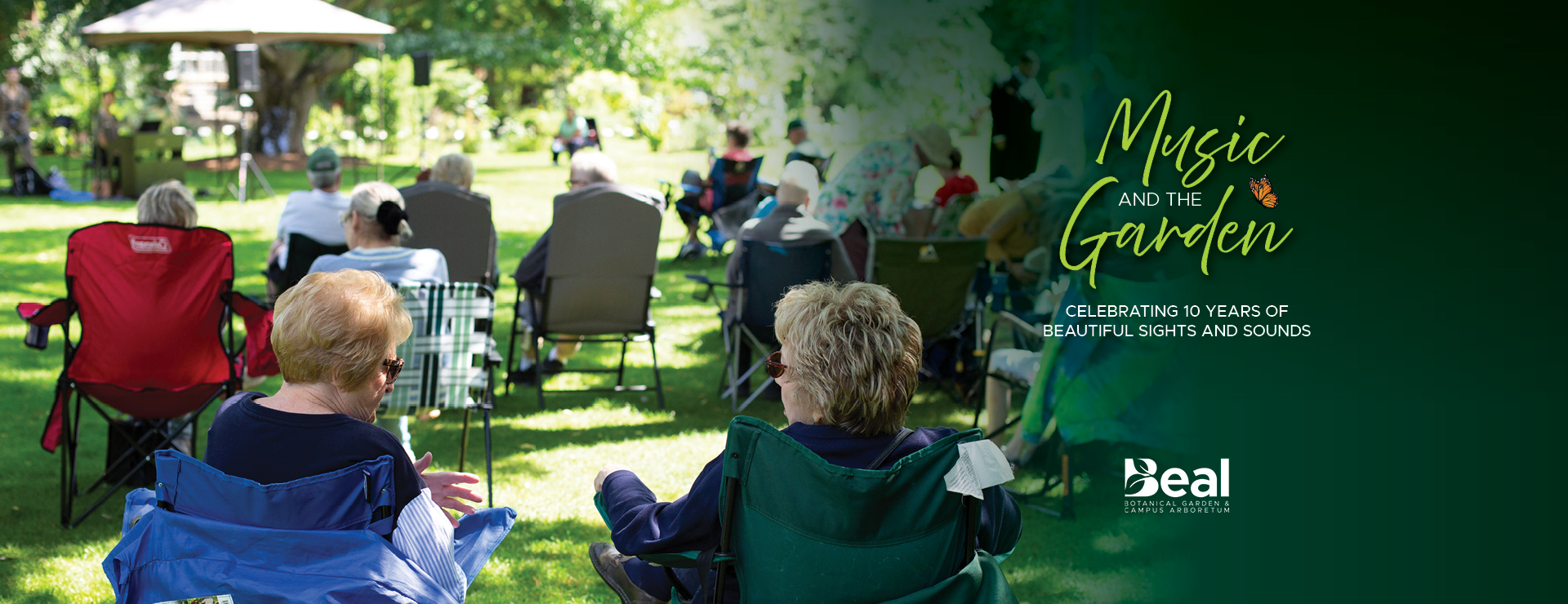 Background image: two people seated in the foreground gathered in garden setting watching concert in the distance with other attendees. Inset type: Music and the Garden in script font and logo Beal Botanical Garden with decorative leaves in the letter 'B'