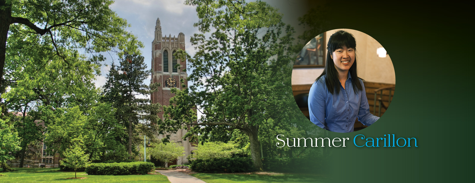 Inset photo of carillonist with background image of Beaumont Tower and decorative type 