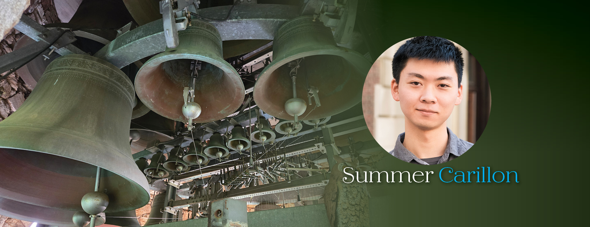 Inset photo of carillonist with background image of Beaumont Tower bells and decorative type 