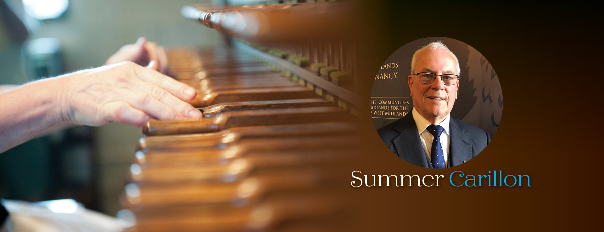 Inset photo of carillonist with background image of closeup of mallets of the carillon with hands playing, and decorative type 